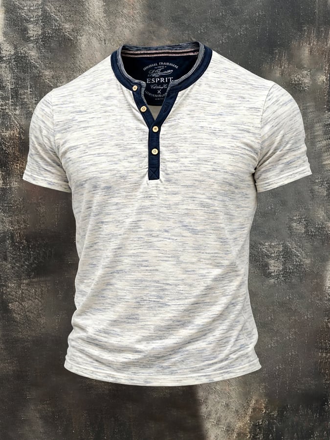 Retro en bloques de color Double-Layer Henley cuello de manga corta Top para hombre
