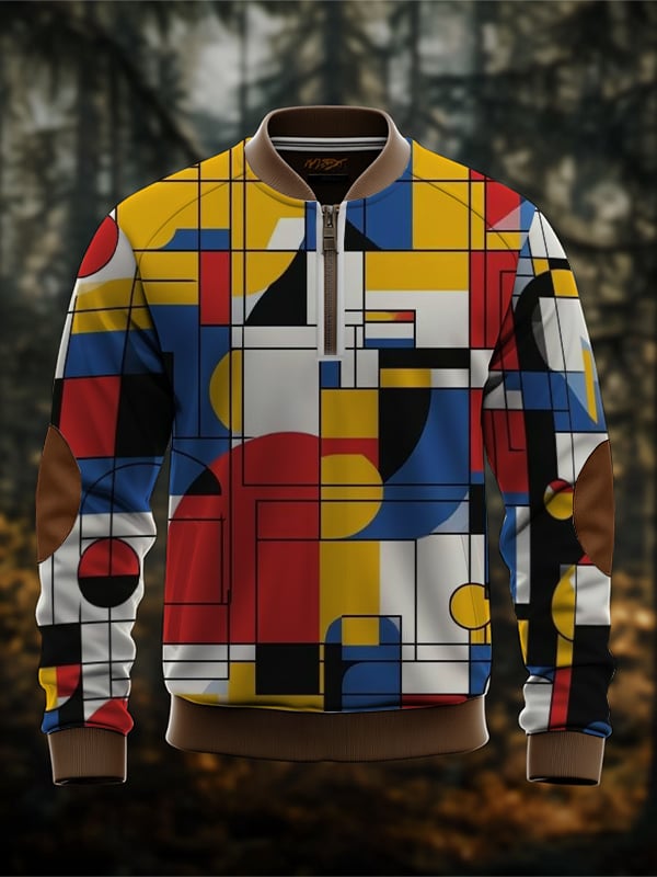 Sudadera retro Mondrian en bloques de color estampado Zip cuello para hombre