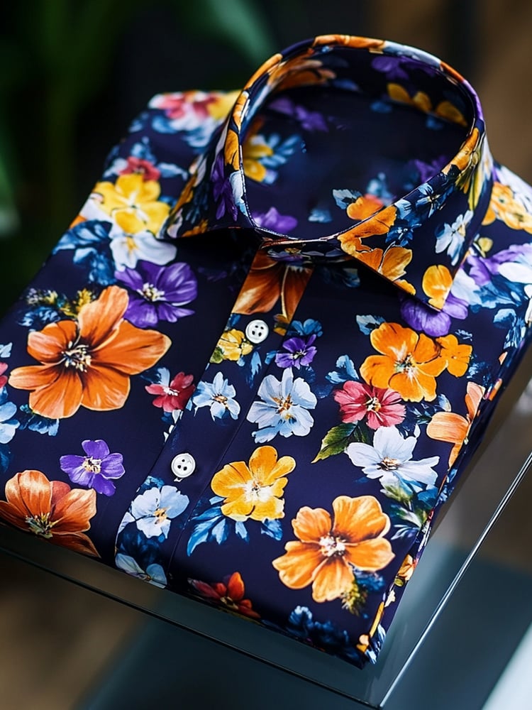 Camisa satén Luxe hawaiano Graffiti floral de manga corta Button para hombre