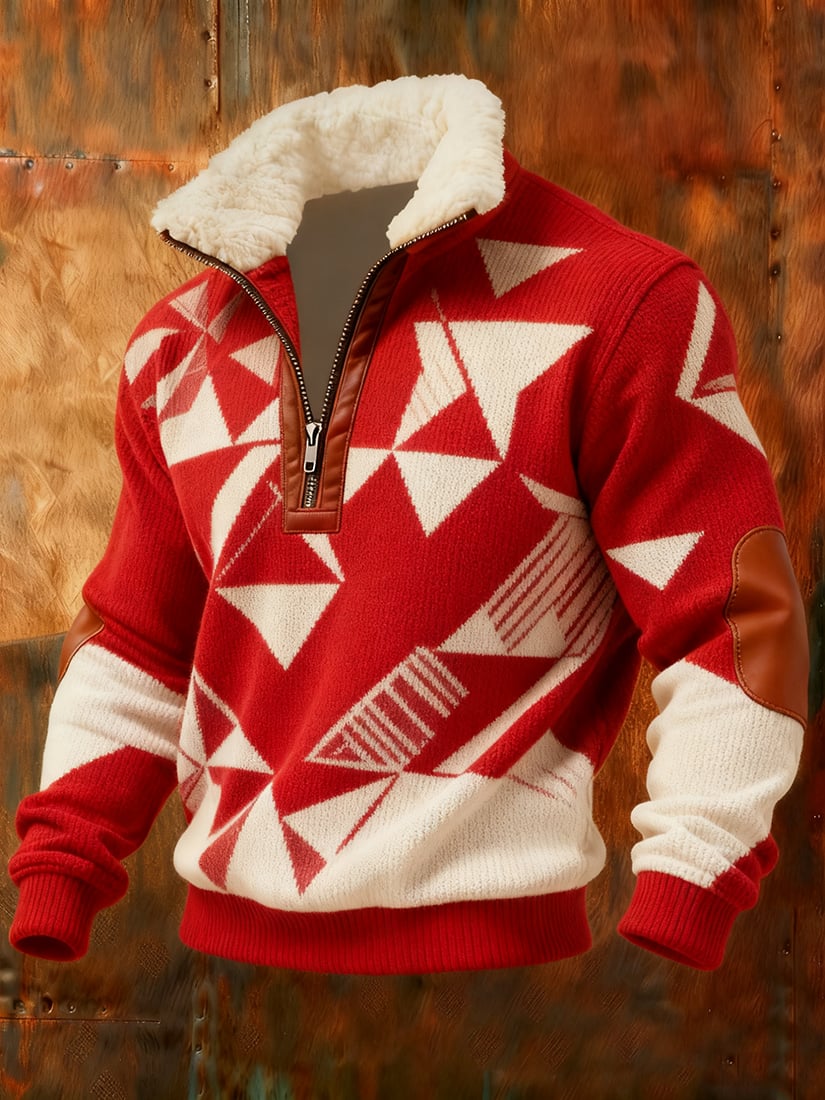 Sudadera retro geométrico Quarter Zip polar Neck para hombre