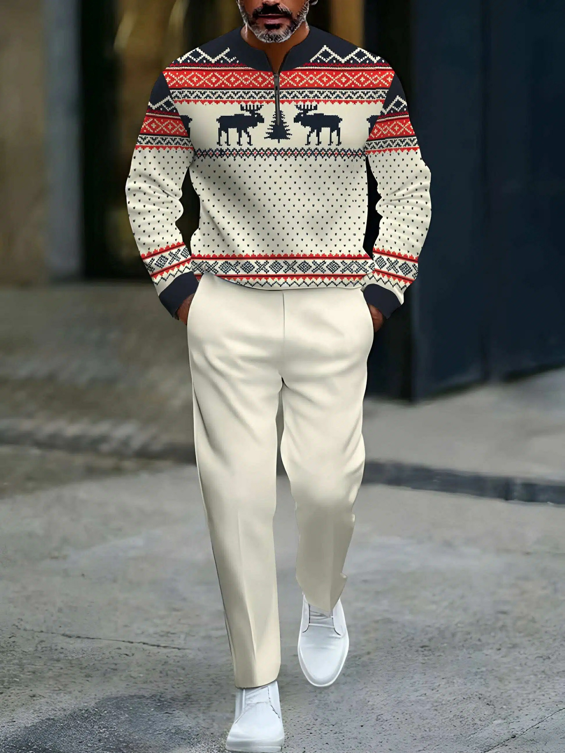Conjunto de dos piezas casual Beige & Navy Color Matching Christmas estampado Round-Neck Zipper de manga larga sudadera & Trousers para hombre