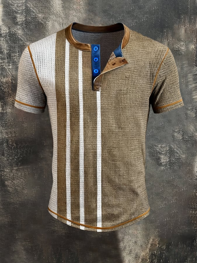 Camiseta vintage-Style Color-Block de manga corta With Henley cuello para hombre