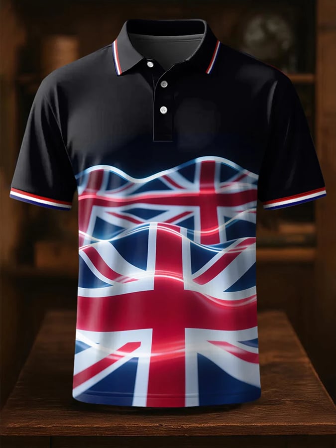 Camisa polo casual flag wave estampado para hombre