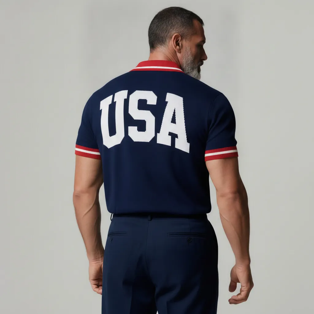 Camisa polo Navy Blue Contrast Trim Turndown Collar Back Letter Pattern para hombre