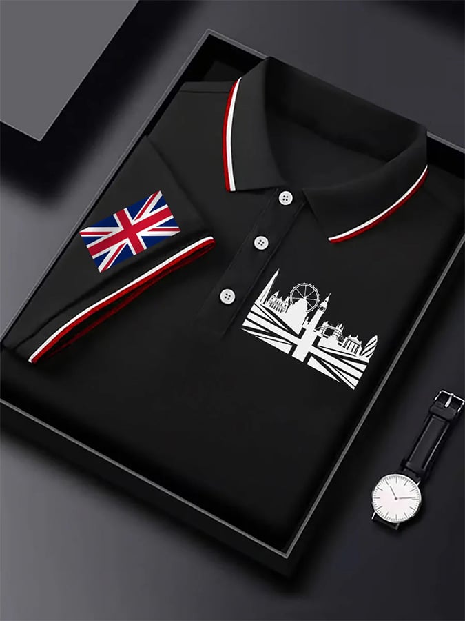 Camisa polo UK gráfico estampado de manga corta ejecutivo para hombre