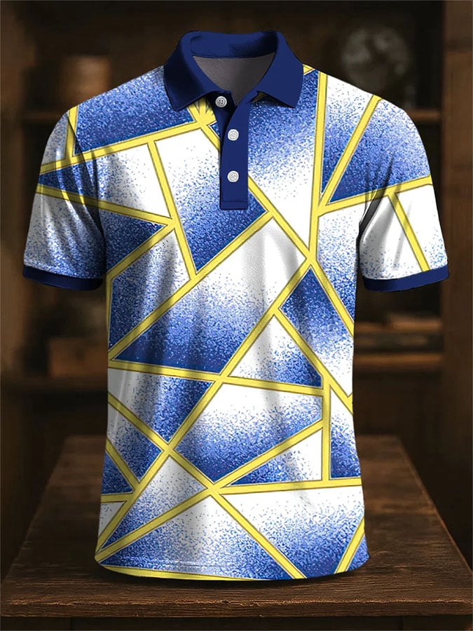 Camisa polo casual en bloques de color estampado de manga corta para hombre
