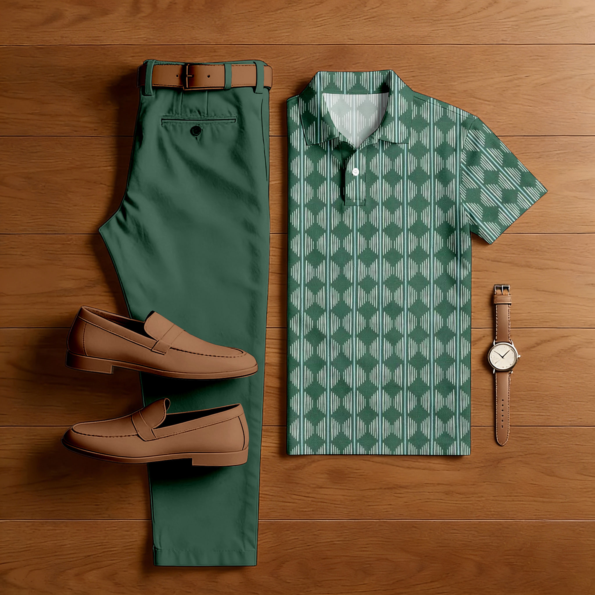 Conjunto de dos piezas casual Green & White Color Matching retro Style estampado de manga corta camisa polo & Trousers para hombre