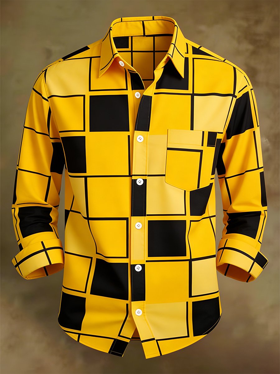 Camisa retro ejecutivo Bag House Geometric de manga larga para hombre