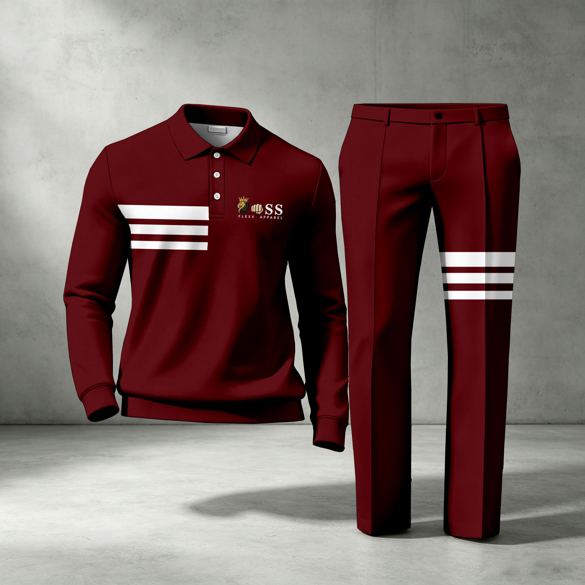 para hombre Red de manga larga camisa polo and pantalón conjunto de dos piezas