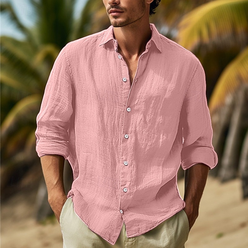 Camisa de algodón de lino camisa Summer camisa Beach Wear Button Up camisa Plain Vacation Curise Black White Pink Navy Blue de manga larga solapa Spring & Summer Clothing Apparel para hombre - vista 10