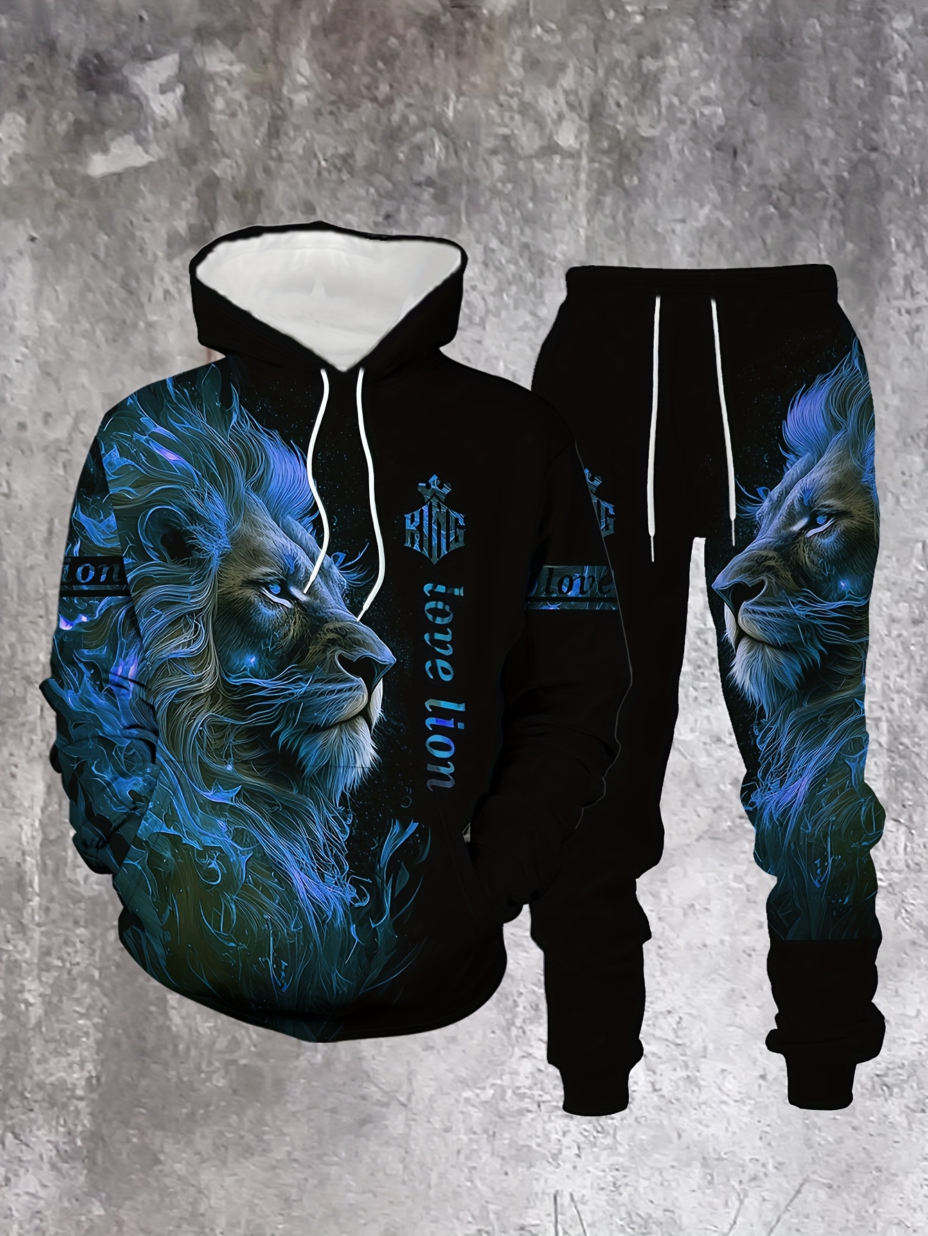 Conjunto de dos piezas casual "Love Lion" estampado sudadera con capuchas de manga larga sudaderas & Sweatpantalón para hombre