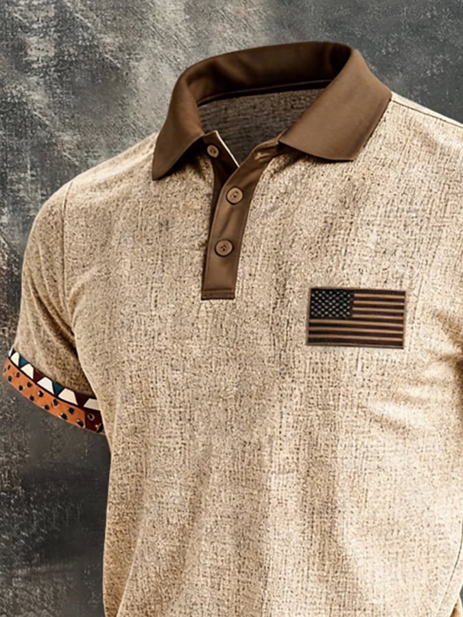 Camiseta retro Color-Block "Patriot" Polo-Collar casual de algodón-de lino para hombre