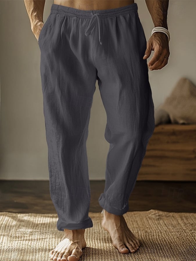 Pantalón retro de color sólido Design Elastic Waist Lace-Up casual para hombre