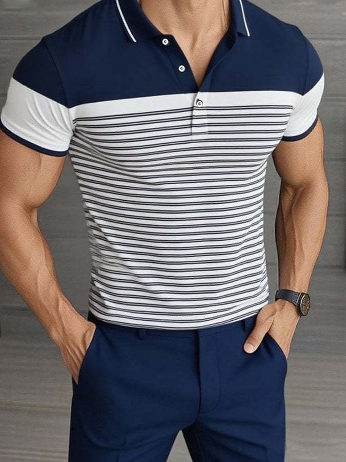 Camisa polo casual clásico a rayas estampado ejecutivo de manga corta para hombre - vista 1