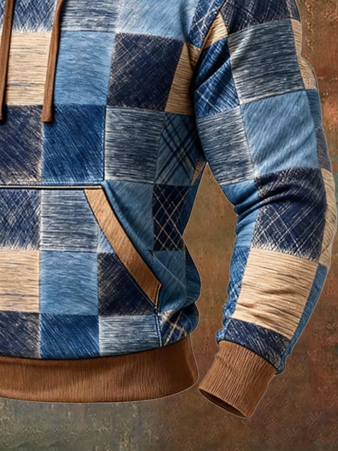 Sudadera retro desgastado en bloques de color estampado casual de manga larga para hombre