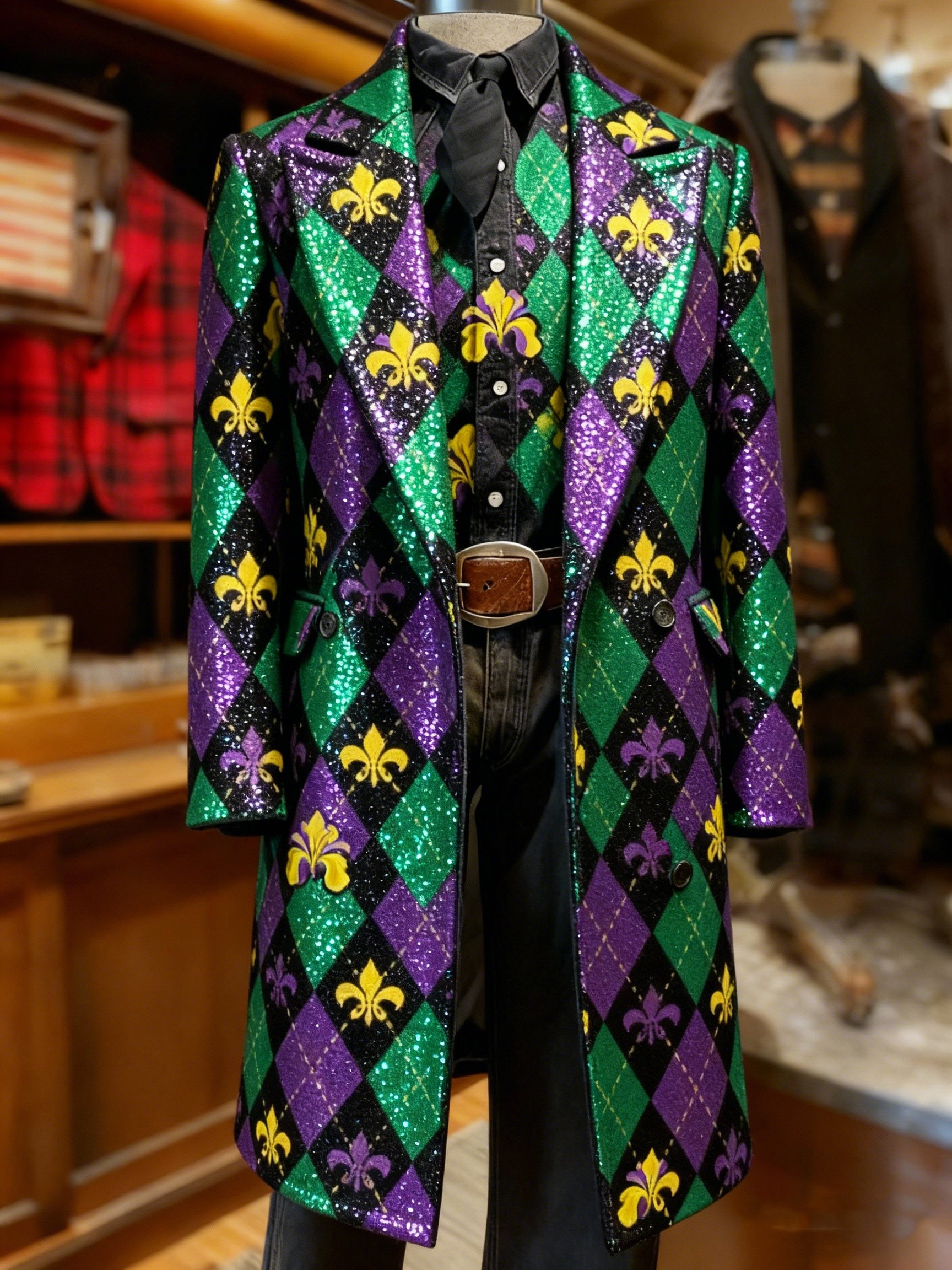 Abrigo ejecutivo vintage Mardi Gras Fleur-de-lis estampado Long lana para hombre