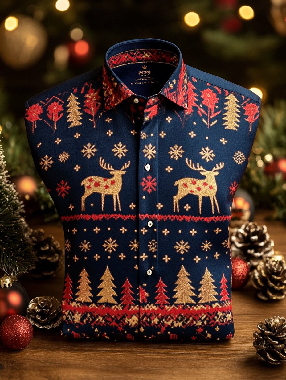 Camisa de lujo Christmas Party de manga larga con botones para hombre