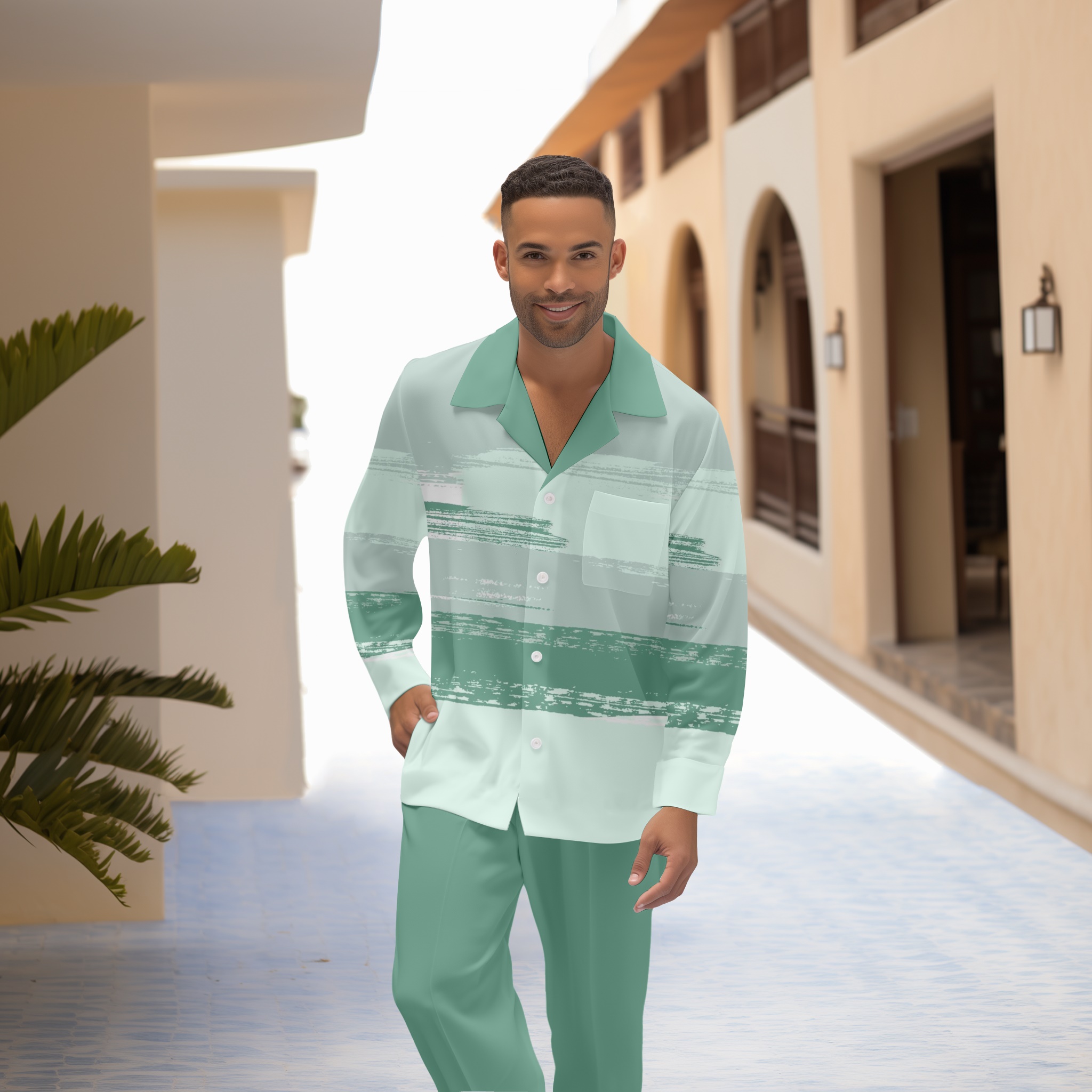 Camisa Colorblock estampado de manga larga casual Walking Suit 1464 para hombre