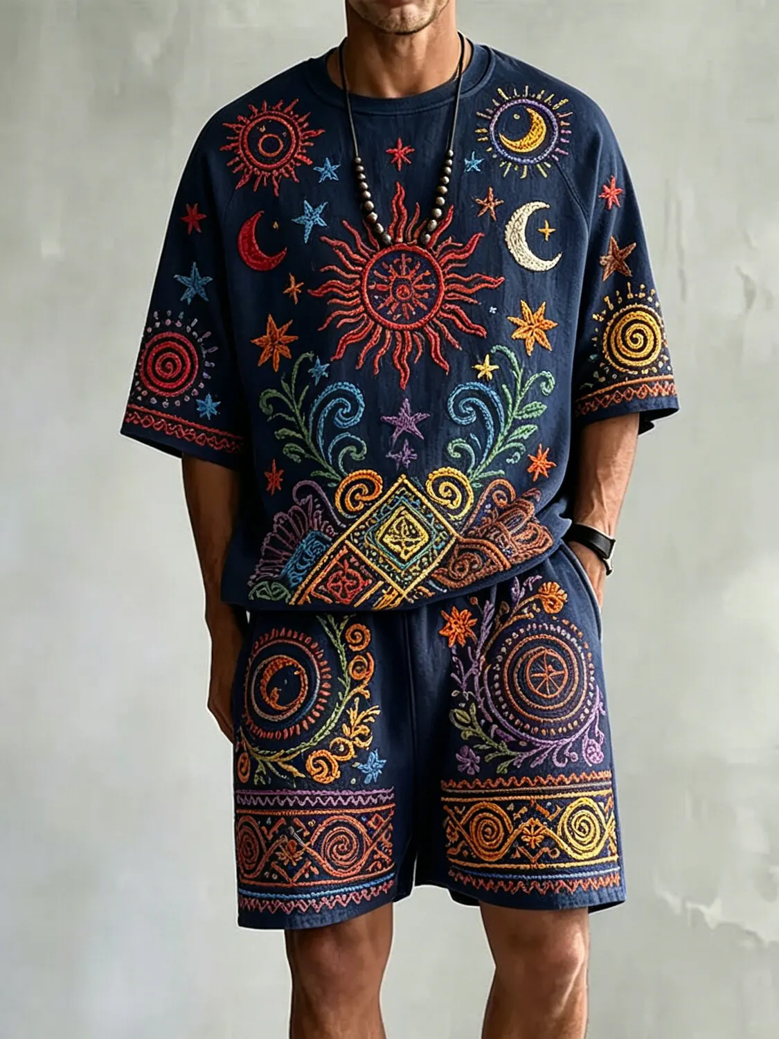 para hombre vintage Boho Sun and Moon Mysticism Print camiseta shorts Set