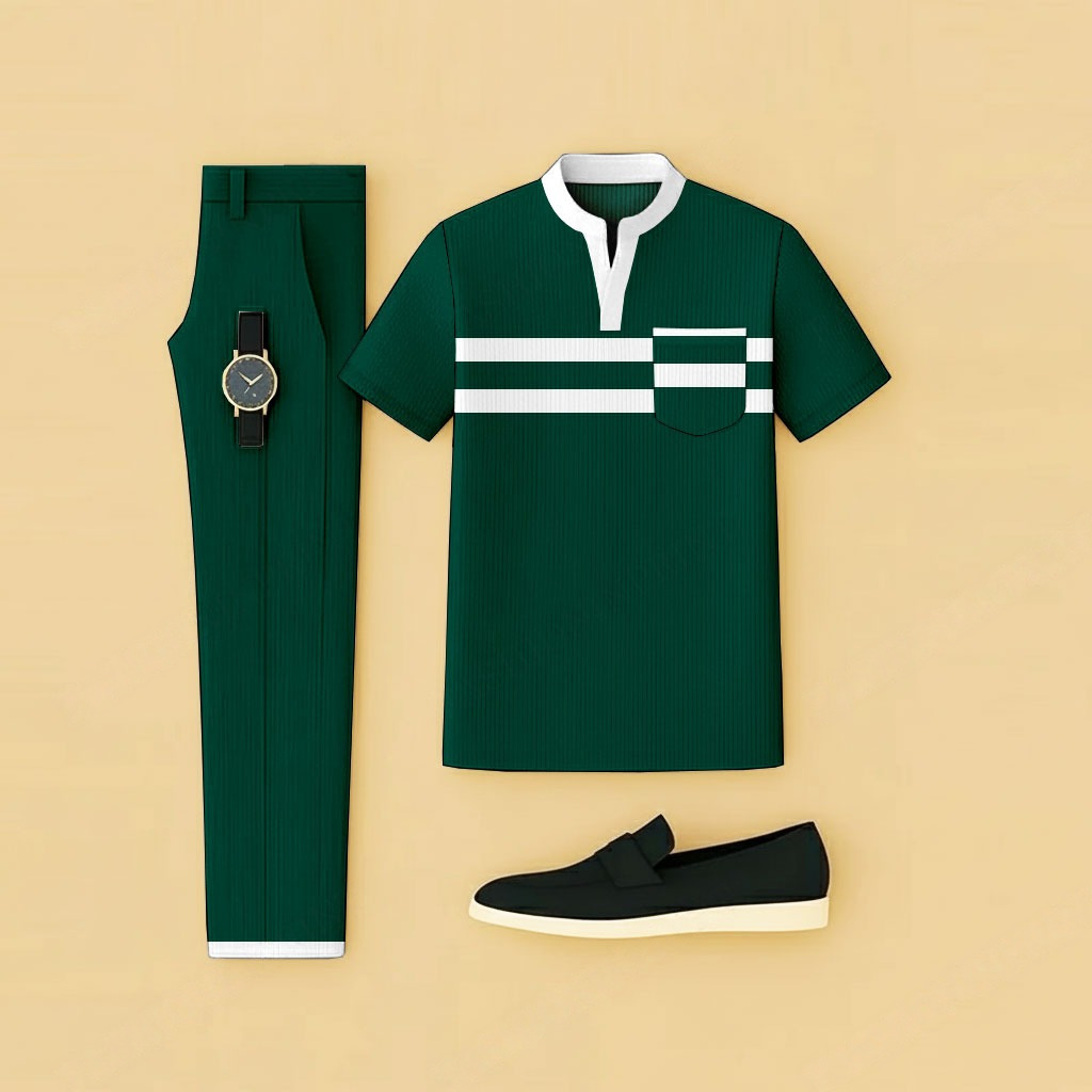 Conjunto de dos piezas casual Dark Green Geometric estampado de manga corta camiseta And pantalón para hombre