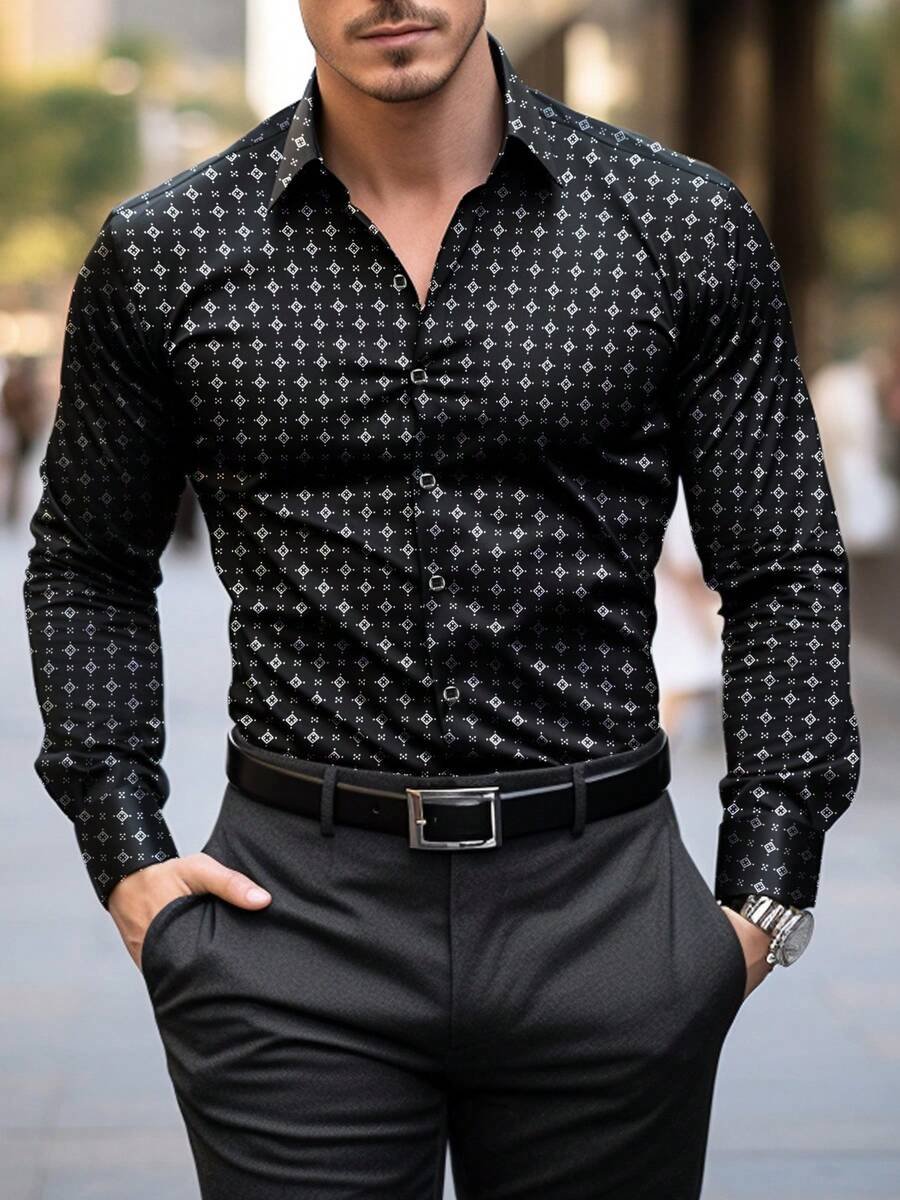 Camisa Street Style ejecutivo casual estampado de manga larga para hombre