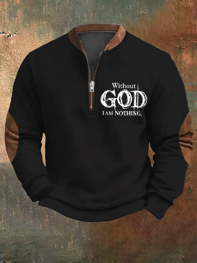 Sudadera vintage Faith "Without God I Am Nothing," estampado Zip cuello para hombre
