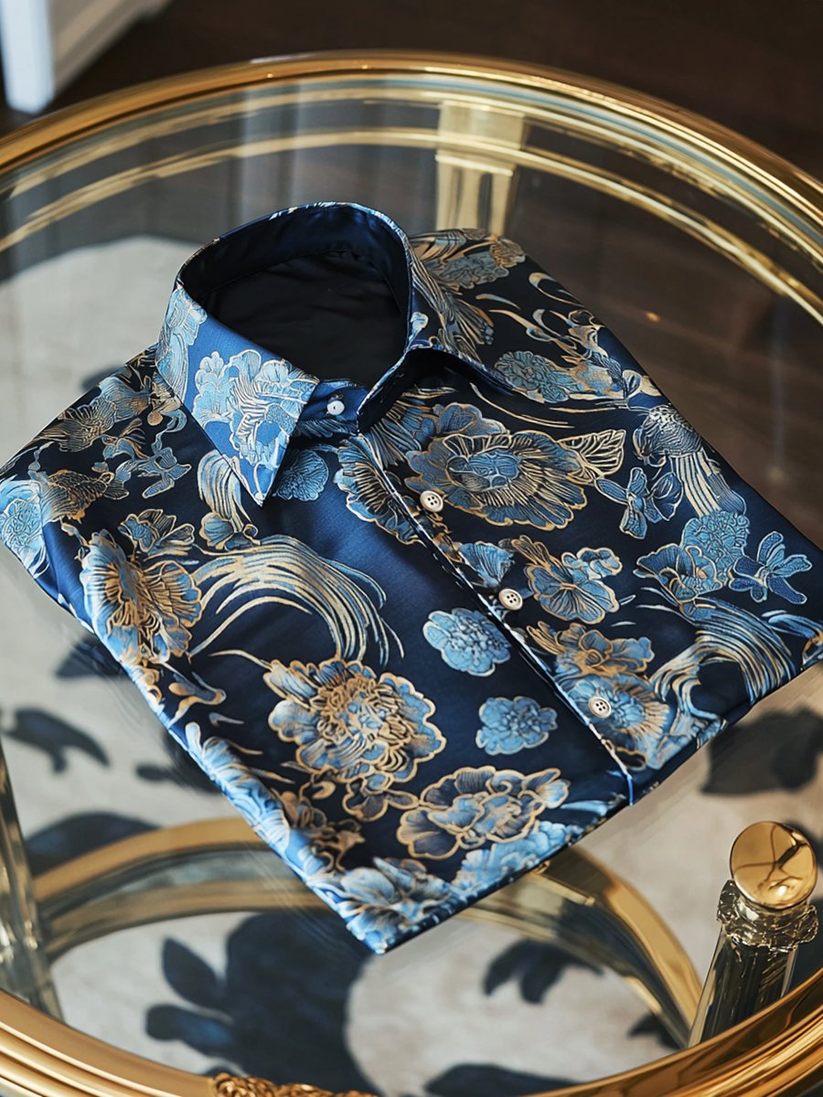 Camisa satén Ukiyo-E de lujo ejecutivo de manga larga para hombre