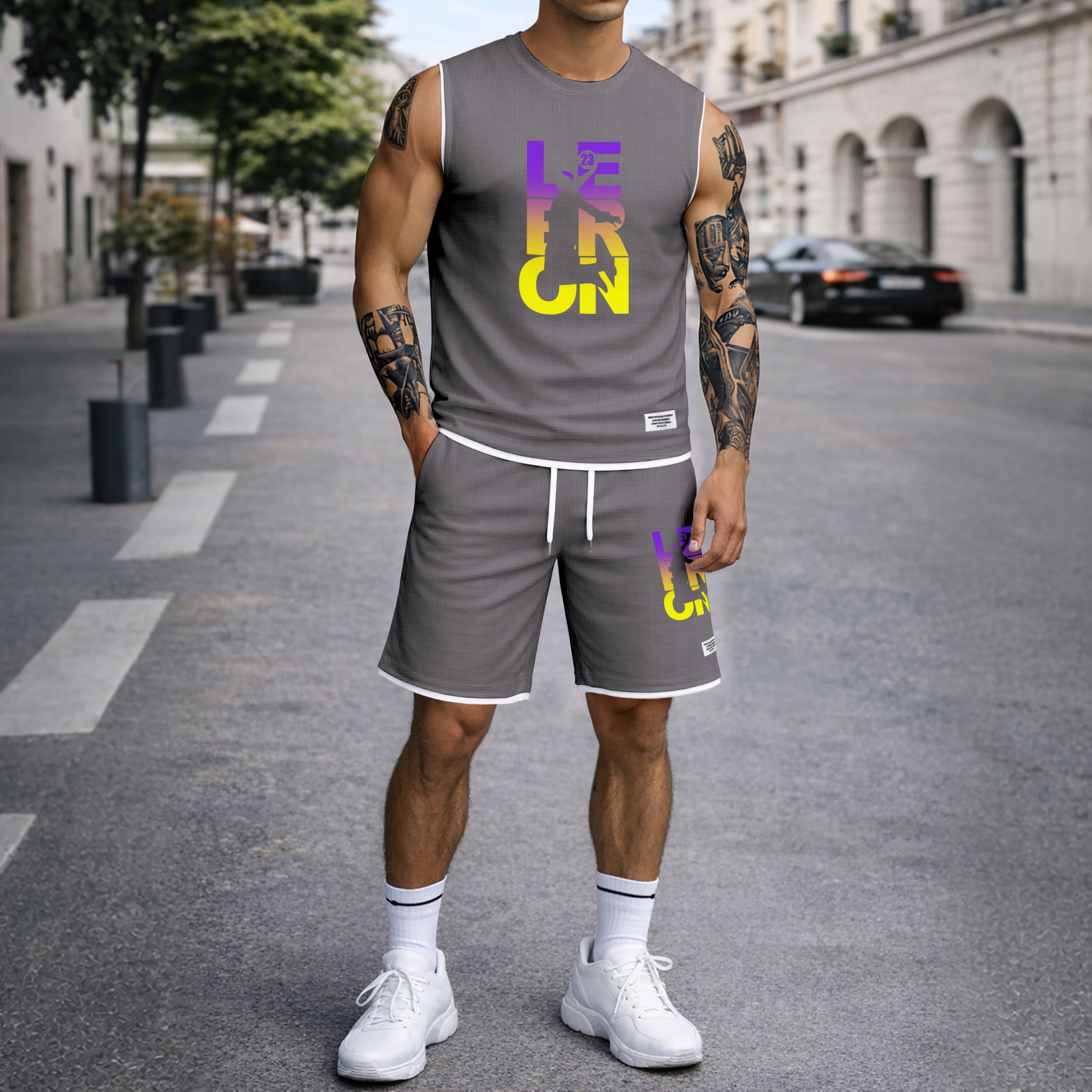 Shorts Basketball Gradient Letter Graphic estampado Summer Set Sleeveless Tank Top & Matching Outfit, Lightweight casual Streetwear Athletic Set for Everyday & Holiday para hombre