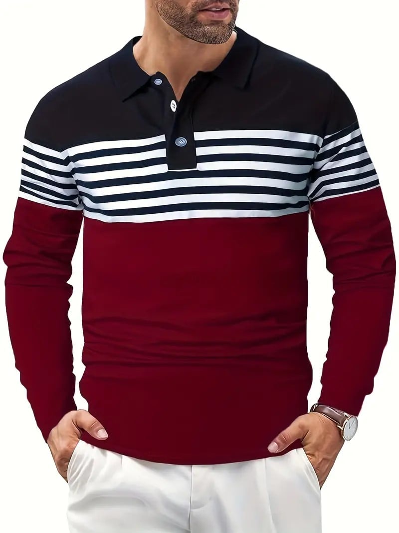 Camisa polo ejecutivo casual a rayas de manga larga para hombre