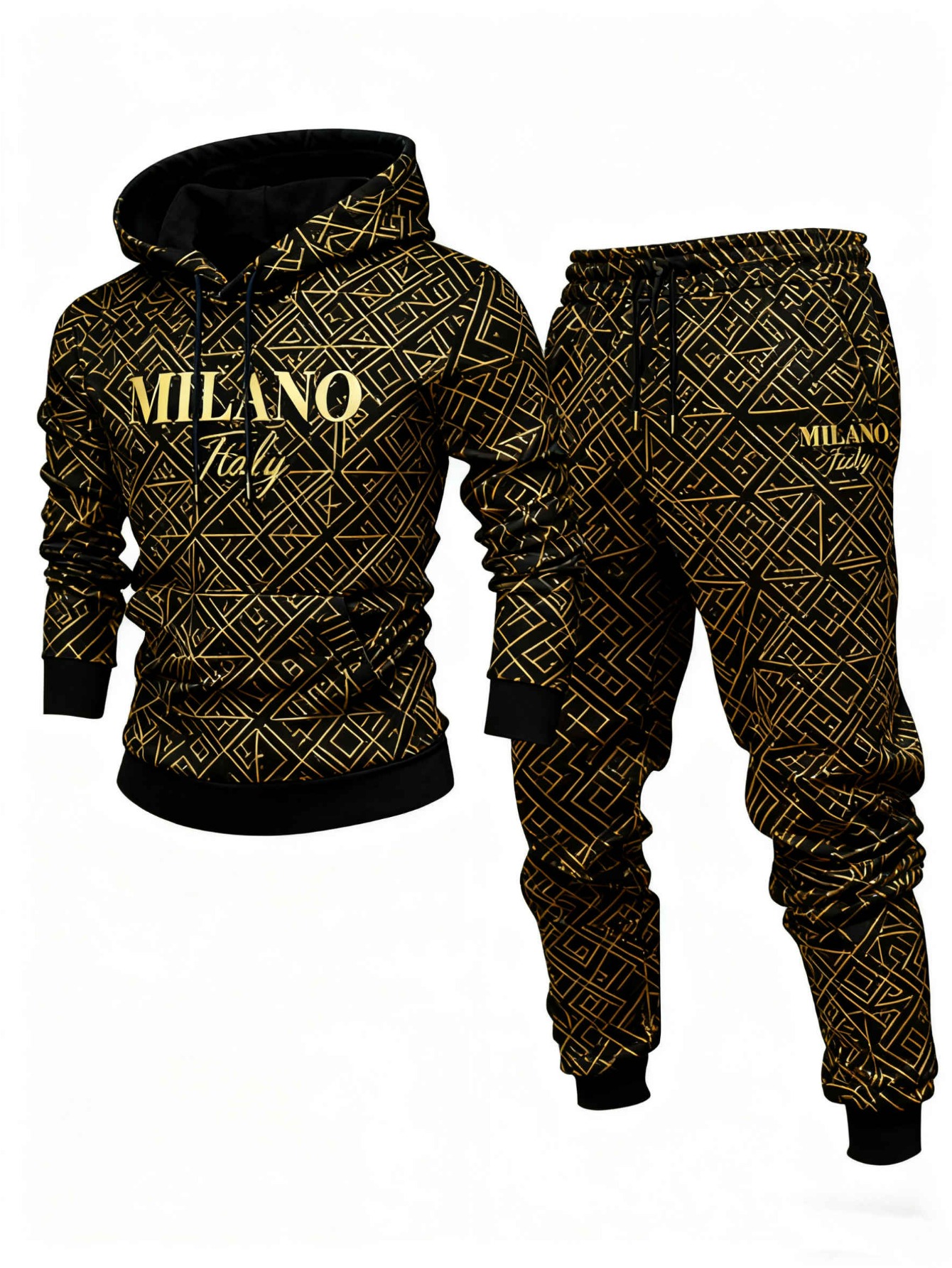 Conjunto de dos piezas casual Black & Gold Color Geometric estampado sudadera con capuchas de manga larga sudaderas & Sweatpantalón para hombre