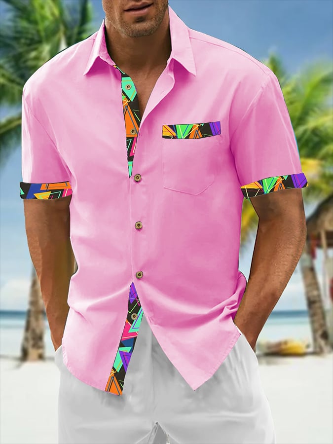 Camisa Resort Style Contrast estampado casual de manga corta para hombre