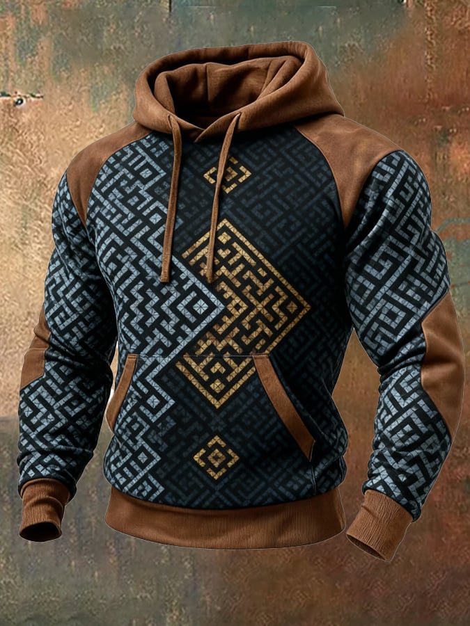 Sudadera retro desgastado en bloques de color estampado casual de manga larga para hombre