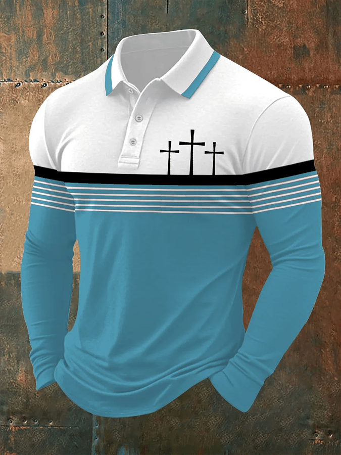 Camisa polo retro Faith casual estampado de manga larga para hombre