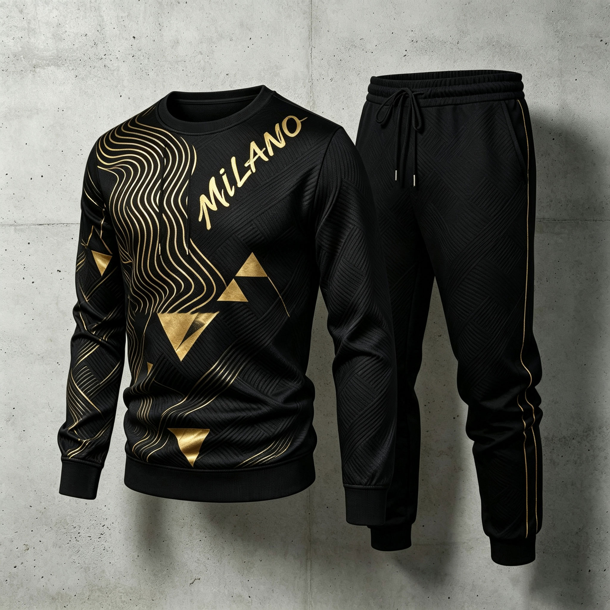 para hombre Black Crew-Neck de manga larga camisa and pantalón Set