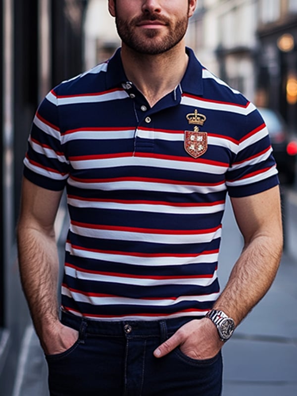 Camisa polo ejecutivo rayas Logo con botones de manga corta para hombre