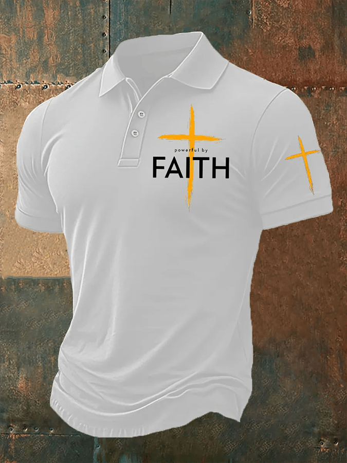 Camisa polo vintage Faith “Faith Over Fear” estampado casual para hombre