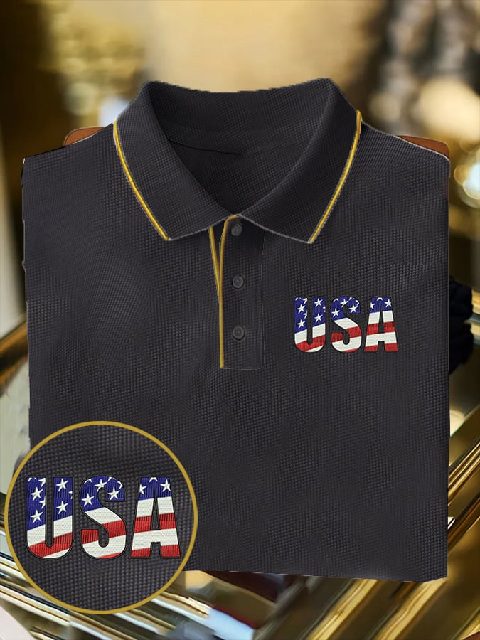 Camisa polo Usa Independence Day estampado Waffle casual para hombre