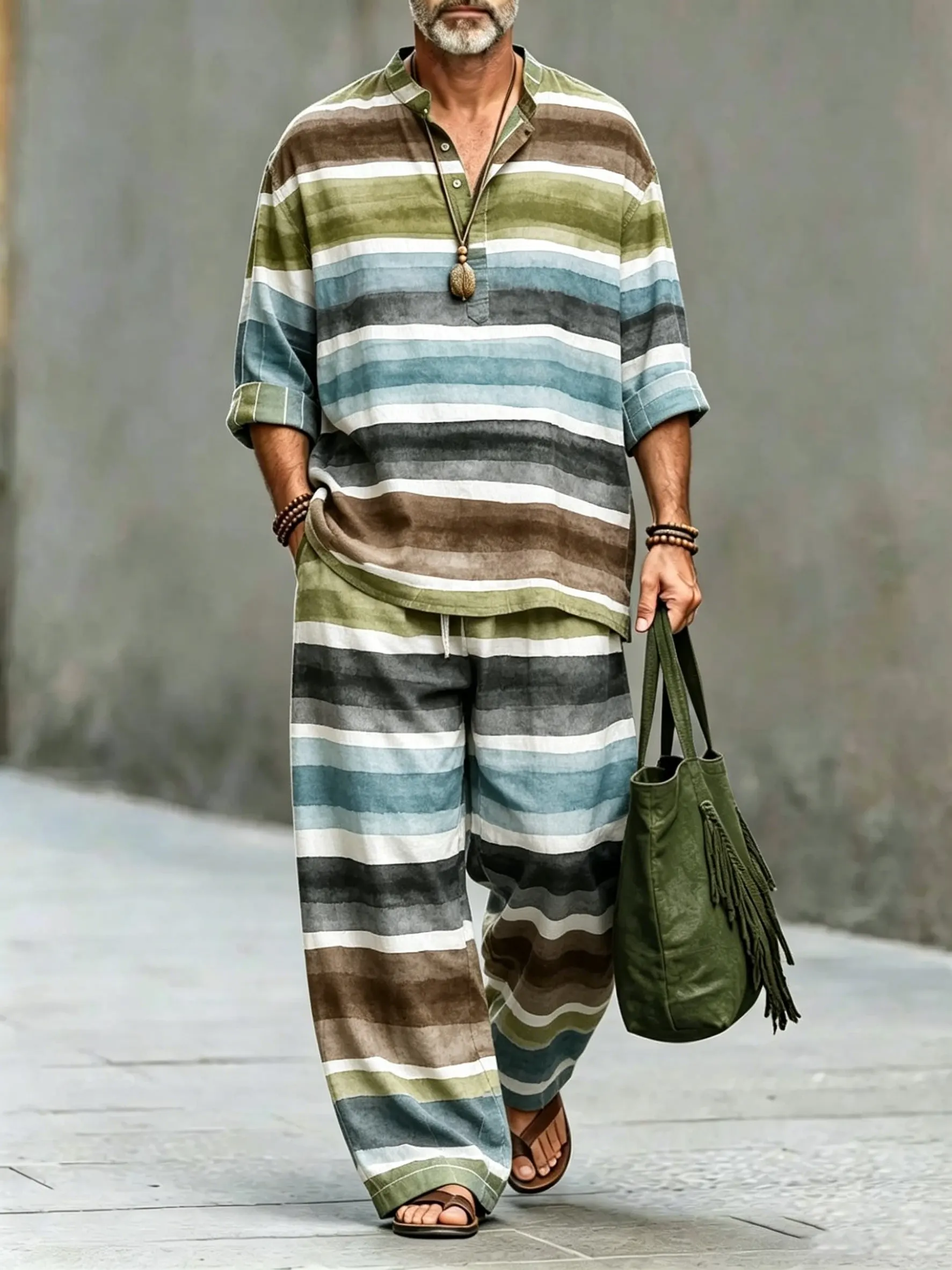 para hombre vintage Abstract Art estampado de algodón camisa Set (Top & pantalón)