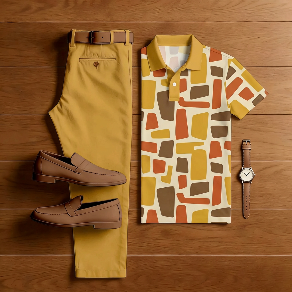Conjunto de dos piezas casual Yellow Geometric estampado de manga corta camisa polo And Trousers para hombre
