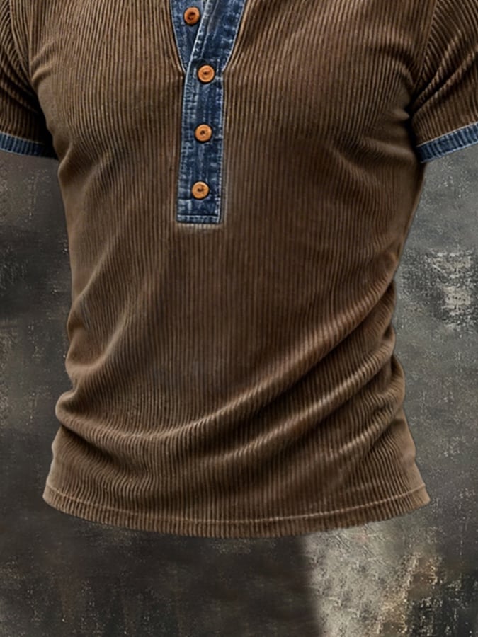 Retro desgastado Patchpara trabajo mezclilla en bloques de color de manga corta Top para hombre