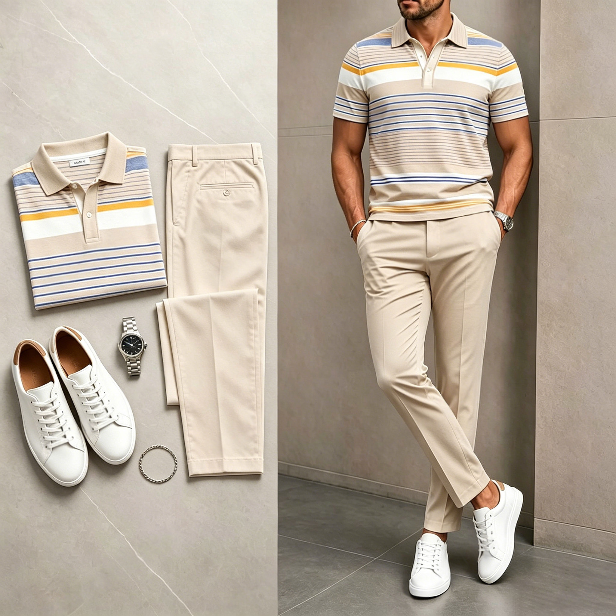 Conjunto de dos piezas casual Khaki rayas estampado camisa polo And pantalón para hombre