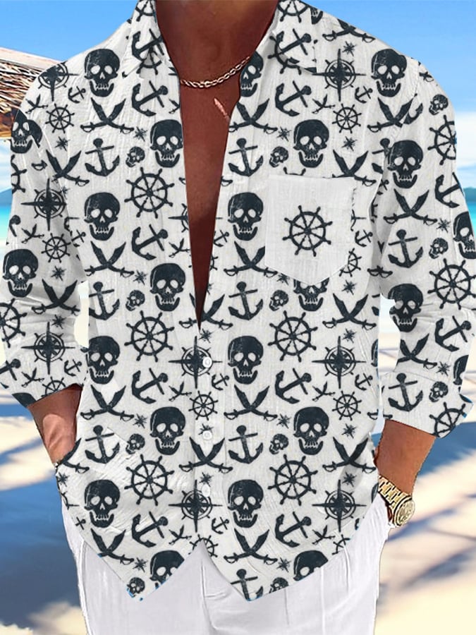 Camisa Nautical Design estampado Lapel Pocket casual para hombre