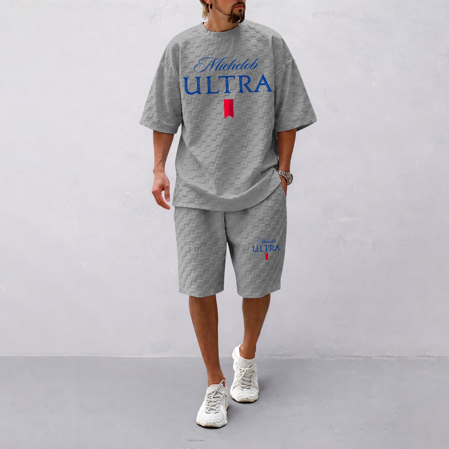 Camisa Spring/Summer Drawstring shorts Set featuring Beverage-estampado a cuadros Fabric—A casual summer ensemble comprising a de manga corta and shorts, ideal for both para uso diario wear and athletic activities para hombre