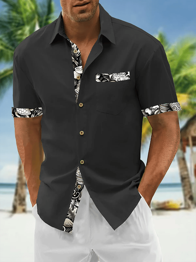 Camisa Resort Style Contrast estampado casual de manga corta para hombre