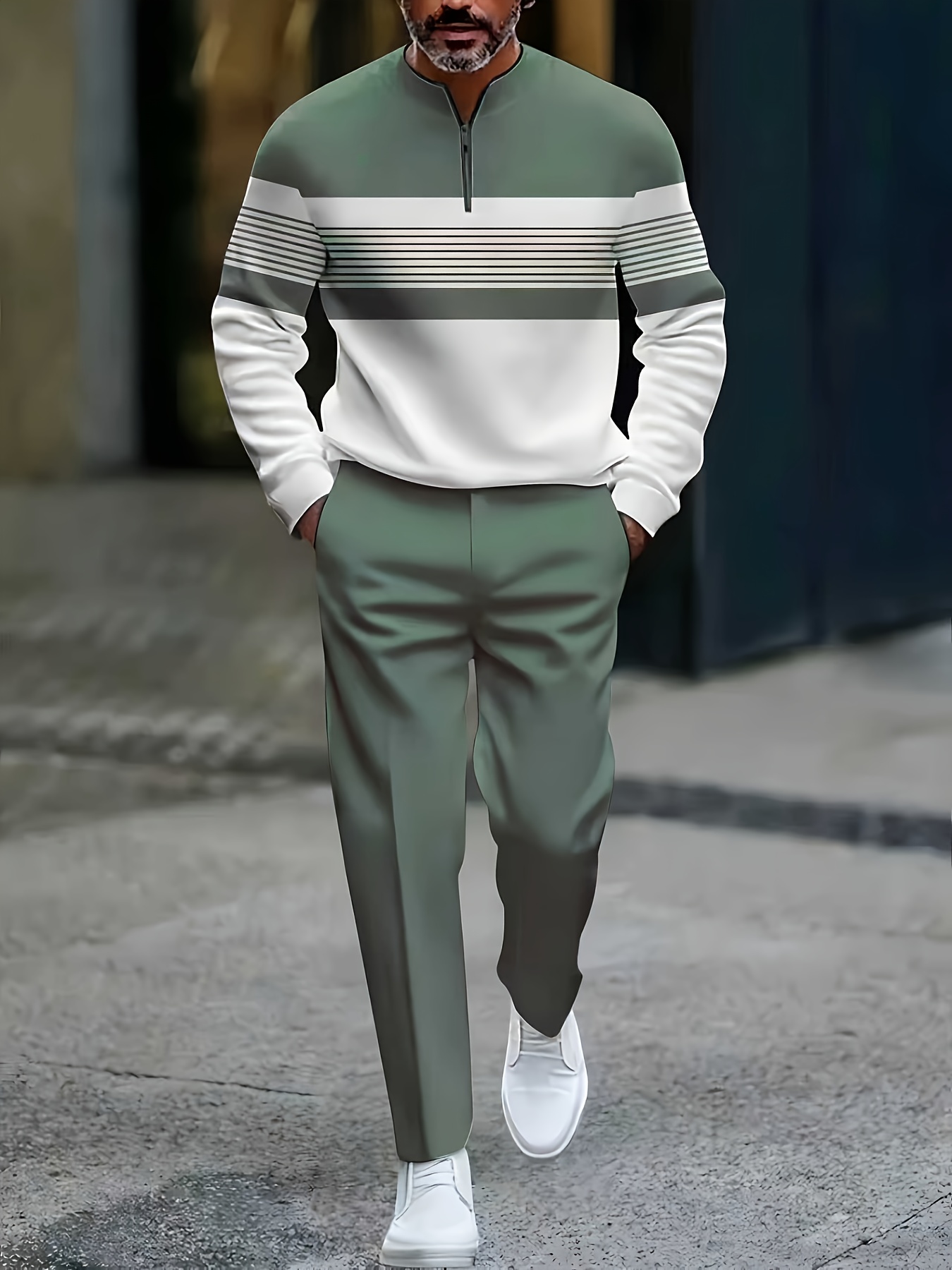 para hombre casual Color Matching a rayas estampado Round-Neck Zipper de manga largad Trousers Grass Green conjunto de dos piezas