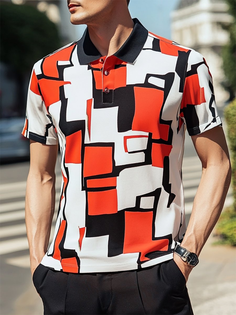 Camisa polo casual ejecutivo geométrico estampado con botones de manga corta para hombre