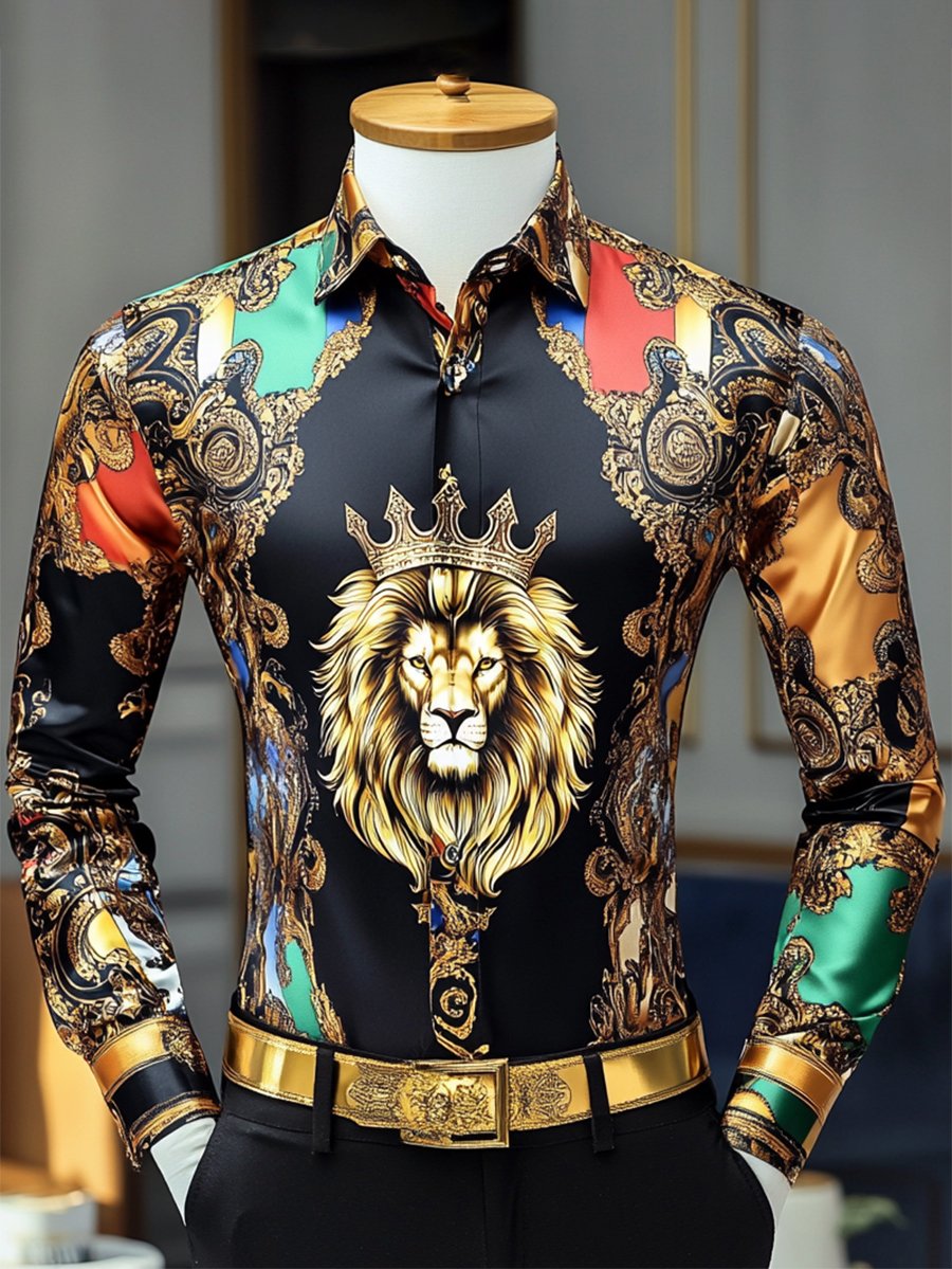Camisa satén Luxe Lion de manga larga con botones para hombre