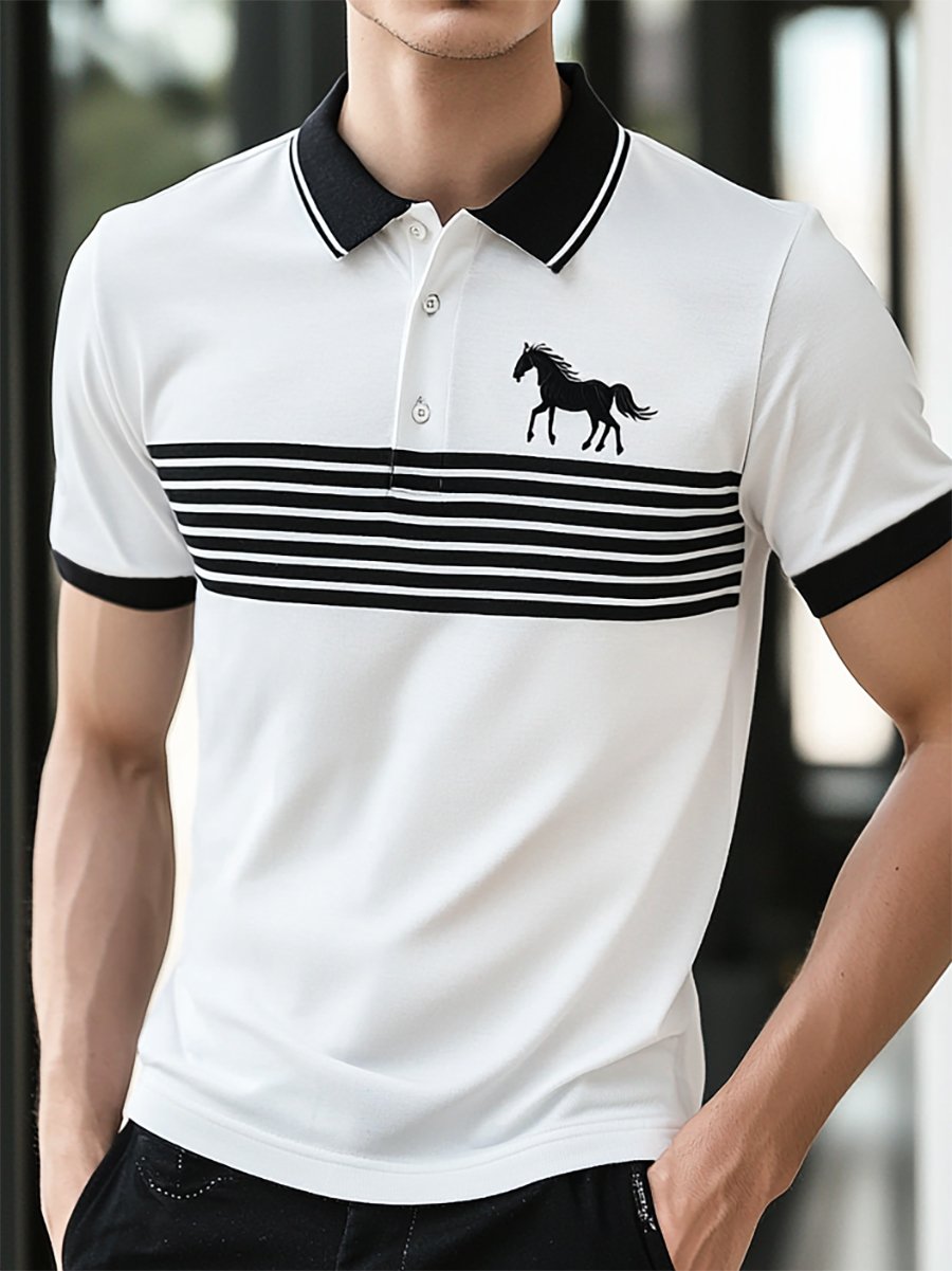 Camisa polo ejecutivo rayas Logo con botones de manga corta para hombre