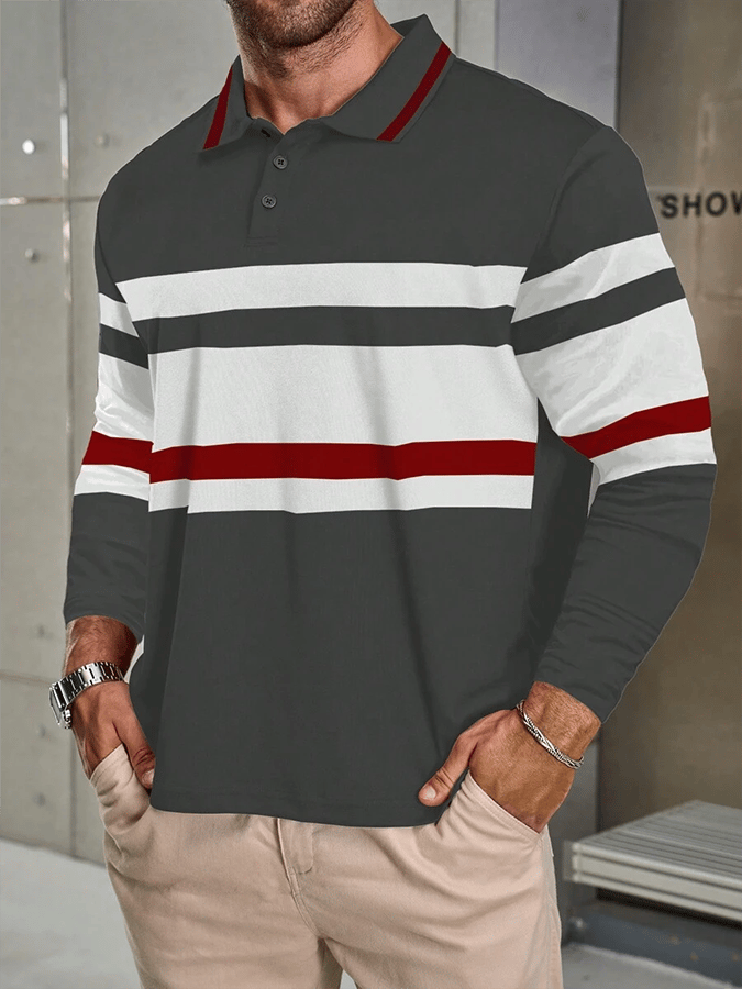 Camisa polo a rayas ejecutivo casual de manga larga para hombre