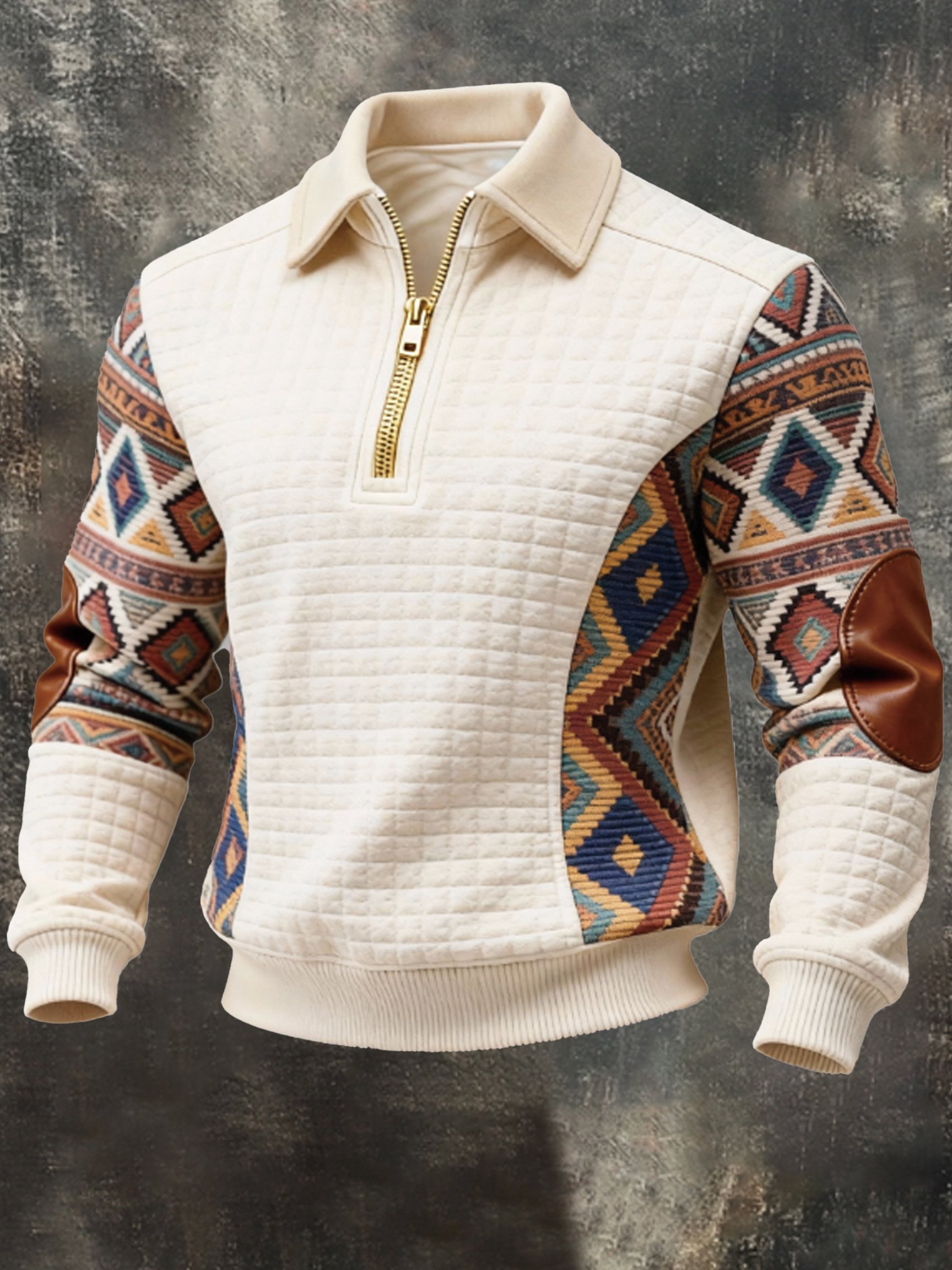 para hombre vintage Waffle-tejido Patchwork Comfortable Color-Block con cierre Sweacamiseta